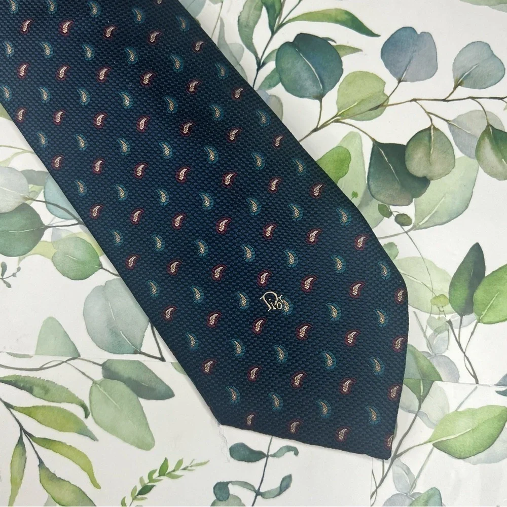 Christian Dior Navy Paisley Print Silk Blend Classic Neck Tie